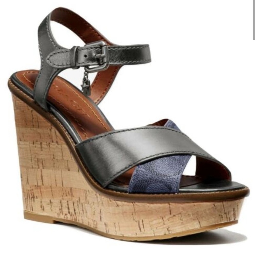 COACH Women's Cross Band High Wedge Sandal Charcoal Gunmetal, Size: 8.5 (39EU)
